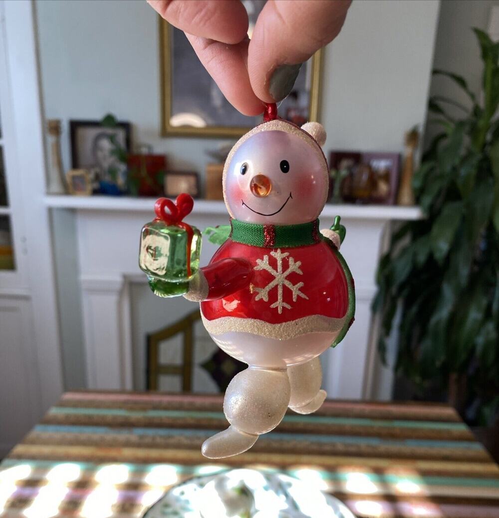 VINTAGE Blown Glass Snowman Figure Christmas Winter Jolly Snowflake Scarf Retro